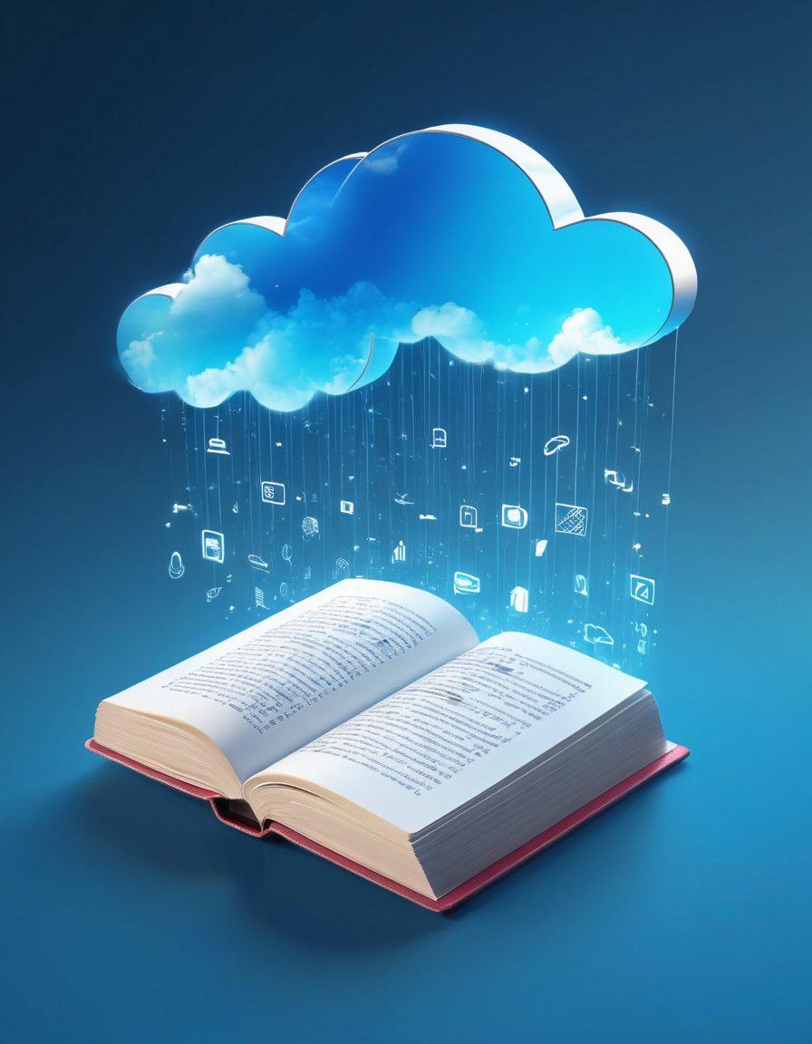 A futuristic cloud composed of interconnected digital bookmarks floating in a clear blue sky, with vibrant rays of light symbolizing data flowing between them. The backdrop features a sleek, transparent interface with icons and tools. The scene exudes innovation and streamlined organization. super-realistic. vibrant colors. clear and minimalist background.