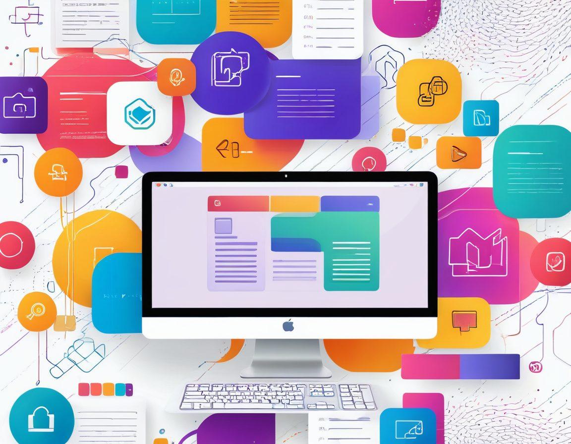 A vibrant and minimalist digital workspace with a sleek computer screen displaying a beautifully organized bookmark repository. Icons of favorite websites are interconnected with fluid lines, creating a seamless web of links. The background features subtle, abstract patterns representing the internet. Colorful, modern design with crisp, clean lines. vector art. vibrant colors. white background.